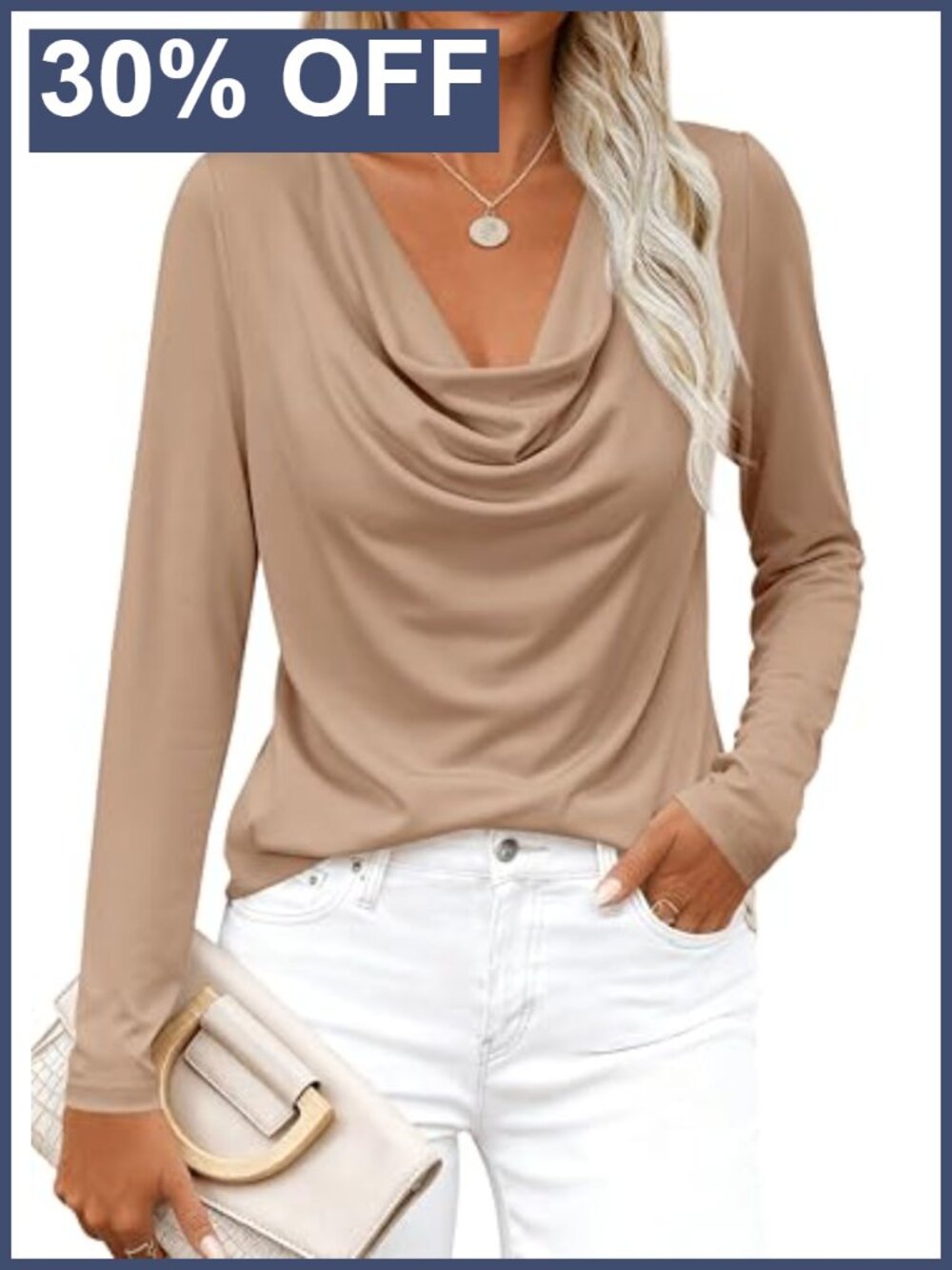 Cowl Neck Long Sleeve Tunic Top Loose Fit Knit Viscose Elastane Business Casual
